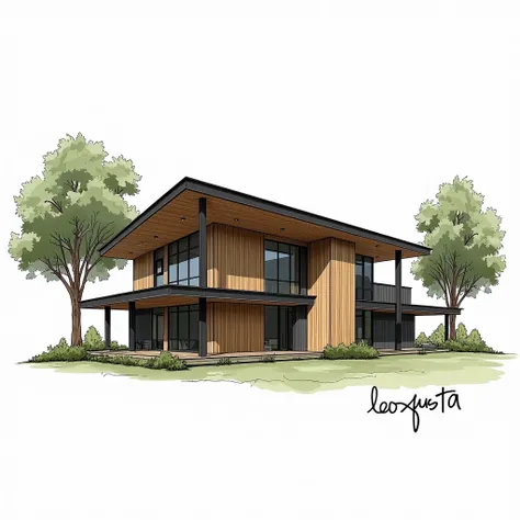 Sketch a hand-drawn design of a modern house, featuring a wooden and dark metal exterior with clean, geometric lines.  The drawing should focus on the structure with beams and columns.  Include the essential architectural details, such as large windows and...