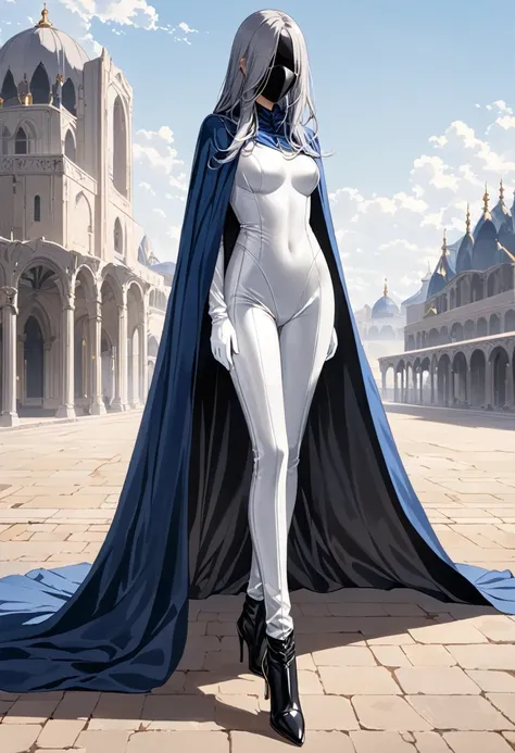 , 1girl, solo, grey full bodysuit, long blue cape, cape touches on ground, white gloves, Wide Leg Faux Leather Pant, black heel boots, grey hair, long hair, white mask covered faces, masterpiece, best quality, standing 