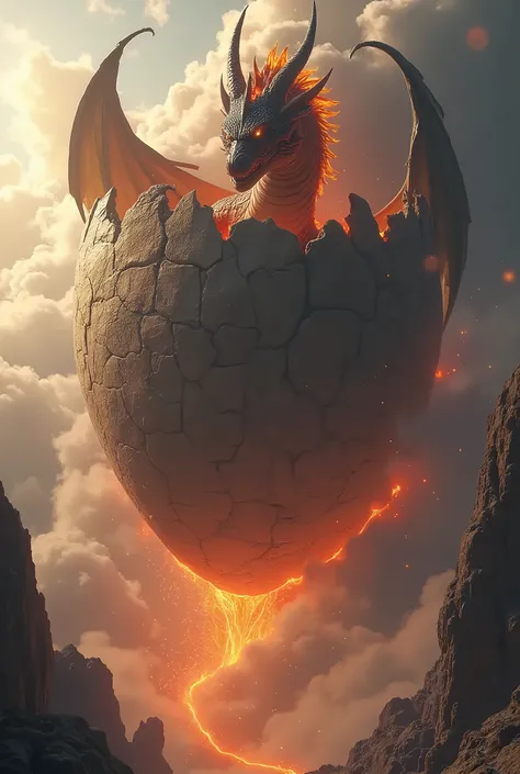 dragon tail,rocky wings,Giant rock filled with lava falling from a great height,long shot,colossal dimensions,antigravity levitation,dragon egg breaking,dragon in the embryo,laba dragon,dragon being born,Birth of a dragon breaking the shell