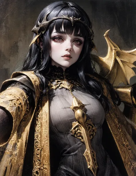 (best lighting) (best quality, masterpiece:1.2), (absurdres), 4k, (detailed eyes), (detailed face), ethereal demonic woman wearing medieval armour and bodysuit with short black hair, blunt cut bangs and ((pale white skin)). Large bat wings. Curvy. Shes sta...