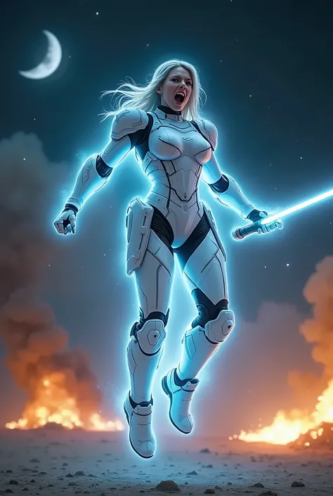 A transforming heroine in a pure white battle suit, A glaring, screaming face, Jumping pose in a burst of fire, The body is surrounded by a glowing blue energy., Patchwork combat suit, Neon-colored line lights that accentuate yougure, Brandishing a slim la...