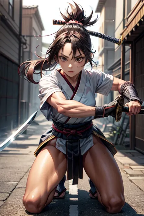 One girl, samurai,Japanese sword,anime,Anatomically correct, A series of character actions, ninja,ponytail, masterpiece, Textured skin, Action Painting, Heavy makeup, Brown Skin,Perfect Face,Perfect Eyes,Hairbands