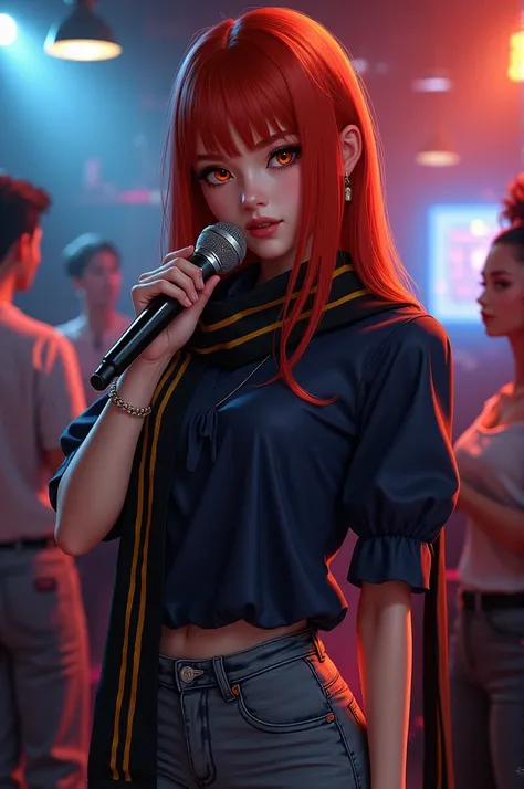 18 year old woman, tanned skin, gray jeans, dark blue blouse, black scarf with yellow stripes. Long straight red hair. orange eyes, almost red. Karaoke microphone in hand near mouth