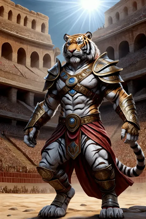 "A fierce anthropomorphic tiger warrior dressed in gladiator-style armor, standing in an ancient arena. The tiger is muscular and agile, with sharp claws extended and eyes glowing with intensity. The armor is intricately decorated with designs symbolizing ...