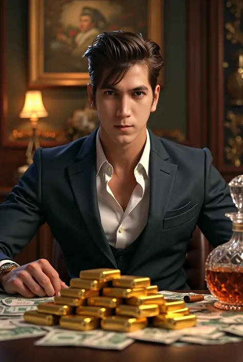 A young and attractive elegant man surrounded by a lot of money