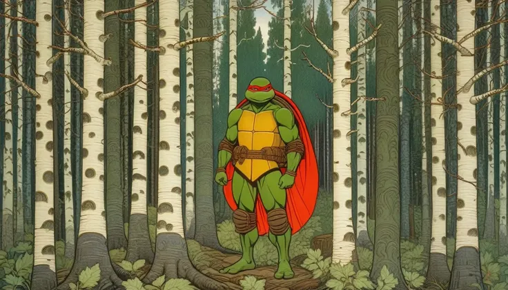 raphael from tmnt, 1 raphael, tmnt, russian russian raphael stands in the forest, surrounded by birch trees, russian forest, (th...