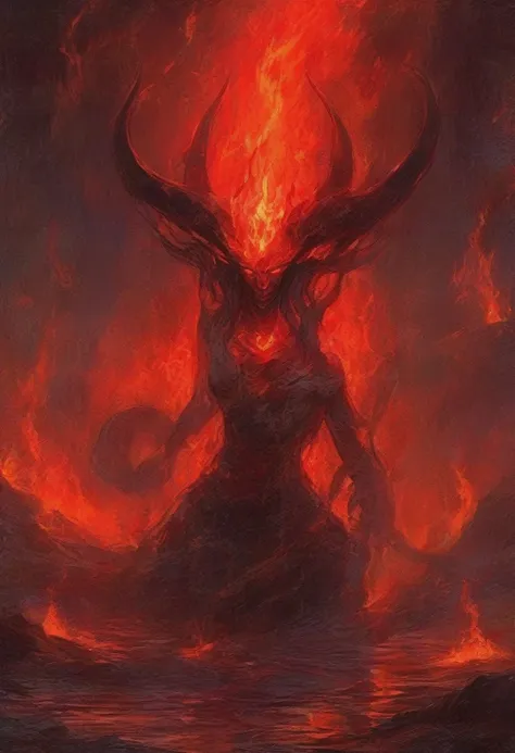 a captivating render of a seductive lava demon naked in the style of dark fantasy. devil horns. the demon, with a voluptuous, sl...