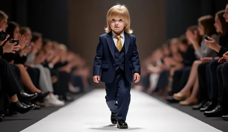 an adorable baby boy, fair skinned and with straight blond hair, wearing a navy blue suit with a white shirt and gold silk tie. He is wearing shiny black shoes and walks with a firm step down the runway. The camera focuses on a medium shot, capturing the s...