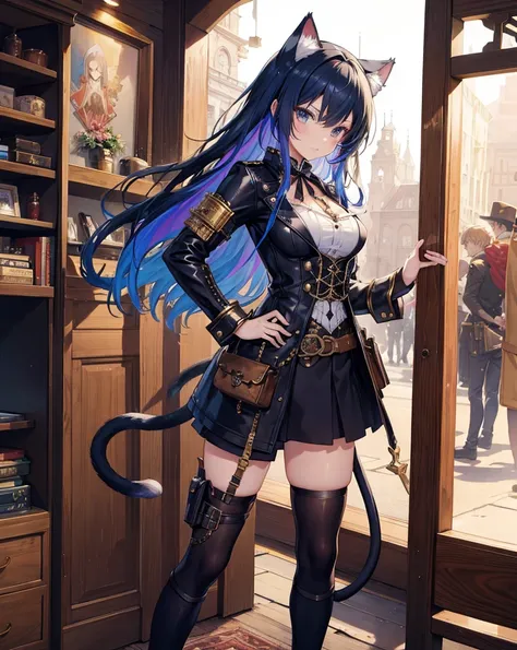 masterpiece, With cat ears and a tail、Awesome anime girl, Leather and gear details、Dressed in elaborate steampunk style clothing, Standing in a vibrant fantasy steampunk city. He&#39;s wearing pilot goggles on his head., She wears a loose corset with an in...