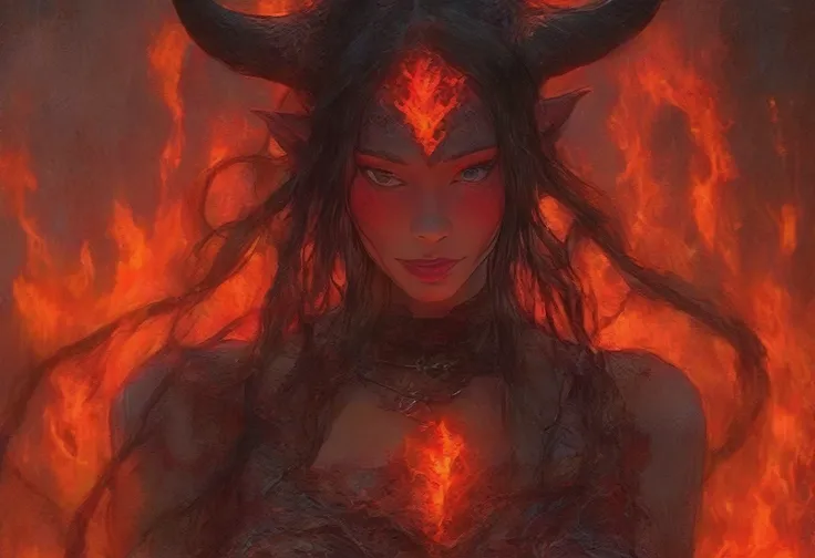 A captivating render of a seductive lava demon naked in the style of dark fantasy. Devil horns. The demon, with a voluptuous, slim, and busty figure, emerges from the depths of the infernal realm, her skin glowing a fiery red. Her attractive features and p...