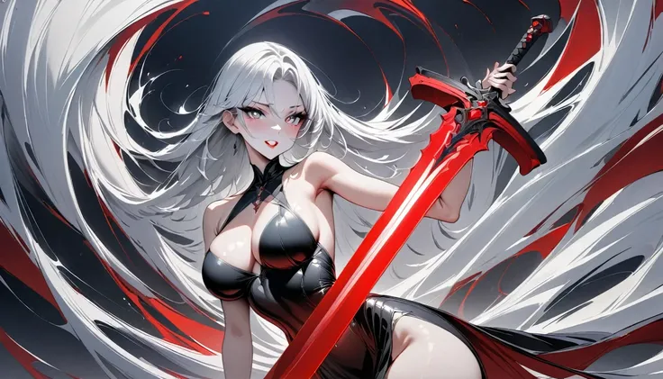 (masterpiece, best quality:1.2),a white face and an ample bosom.
: a slender waist and a light body.
: long raven hair.
: clear eyes with distinct black and white pupils.
: red lips and white teeth.
  ，Abstract Art，Holding a red long sword，