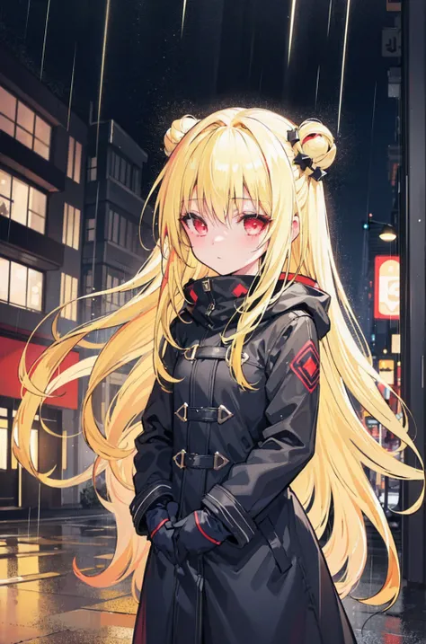 One girl, Night City, rain, Coat, Put your hands in your pockets, masterpiece, Best Quality, Super detailed,  8k, Yellow Hair, darkness, One girl, Long Hair, Alone, Hair Accessories, two side up, (((Blonde))), ((Red eyes)), Hair Accessories