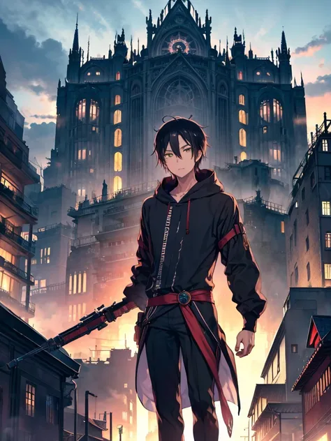 Fischer, rekkyou sensen, Rekkyo Sensen, Black Hair, Yellow Eyes, , male, hoodie, With background((Fantasy World, Ruin, city, Beautiful sky, Bright Sky, Sunshine))