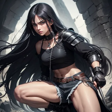 Long haired woman, black and white, grayish blue eyes, fringe, slightly muscular, wearing black denim shorts, bota Black, t-shirt, jaqueta Black sem mangas, gloves on hands,  with a long sickle in his hand, alta resolución, Armor, Black, bone necklace with...