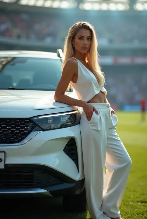 A photograph , full body of a beautiful Brazilian wearing plain white clothes, blonde woman with her back touching a diagonal position BYD SUV car. The blurred background of a soccer stadium interior as a background and an effusive crowd. The car is the pr...