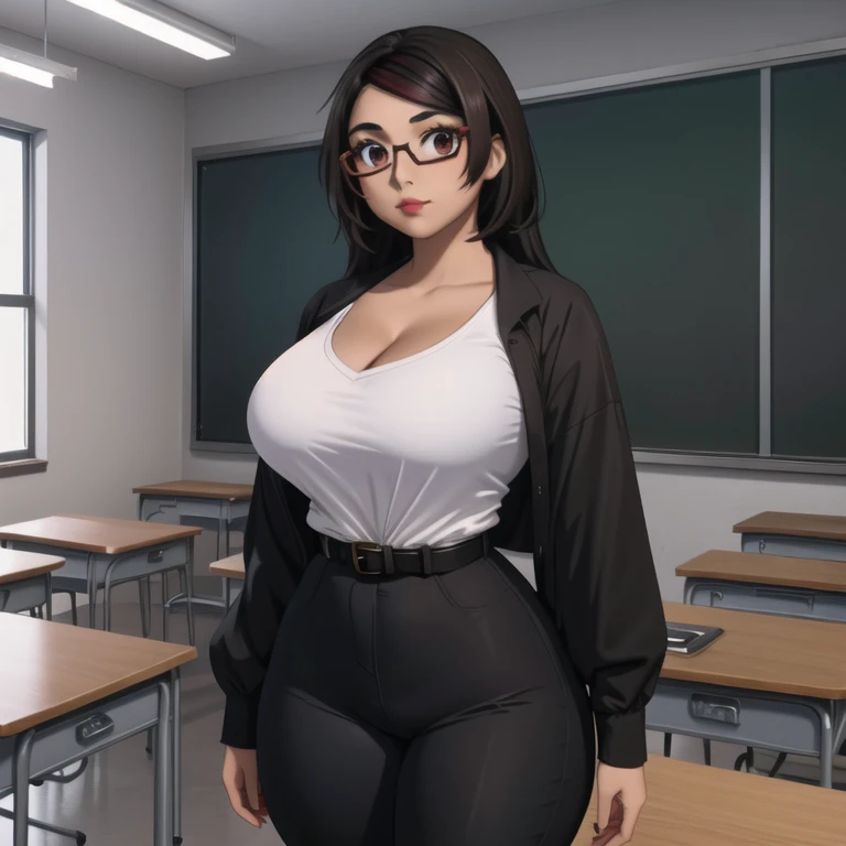 an adorable cute petite short skinny slightly curvy tan skin goth mexican teacher, medium wild volumetric hair, one wearing glas...