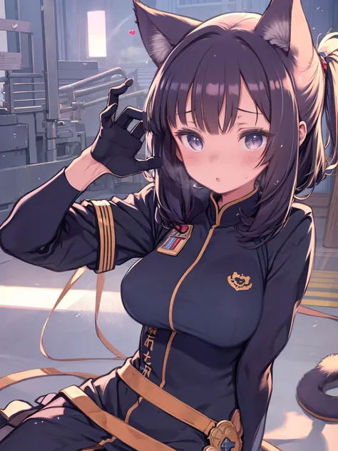 Navy Uniform、Elementary school girl、,,Very beautiful and Shining Eyes、Shining Eyes、1 girl、Large Breasts、cat ears、((((()))))、heart❤、((sweat、vapor)）