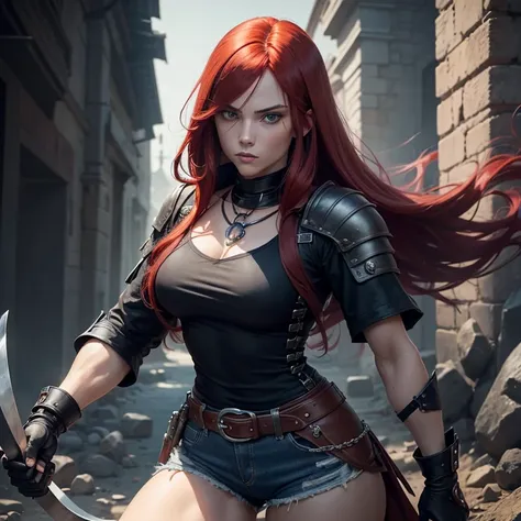 Woman with long red hair , grayish blue eyes, fringe, slightly muscular, wearing black denim shorts, bota Black, t-shirt, jaqueta Black sem mangas, gloves on hands,  with a long sickle in his hand, alta resolución, Armor, Black, bone necklace with a blue s...