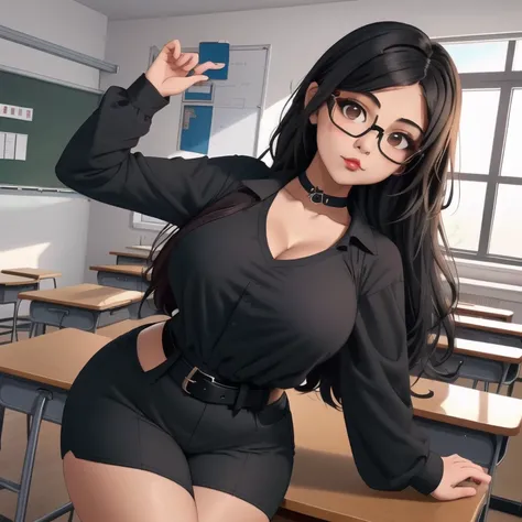 an adorable cute petite short skinny slightly curvy tan skin goth mexican teacher, medium wild volumetric hair, one wearing glas...