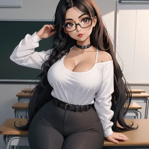 an adorable cute petite short skinny slightly curvy tan skin goth mexican teacher, medium wild volumetric hair, one wearing glas...