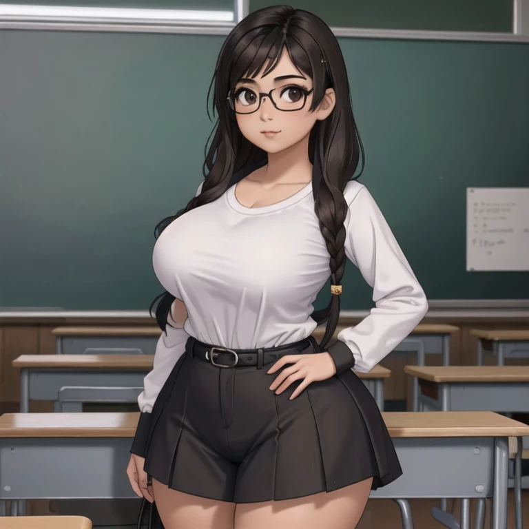 an adorable cute petite short skinny slightly curvy tan skin goth mexican teacher, medium wild volumetric hair, one wearing glas...