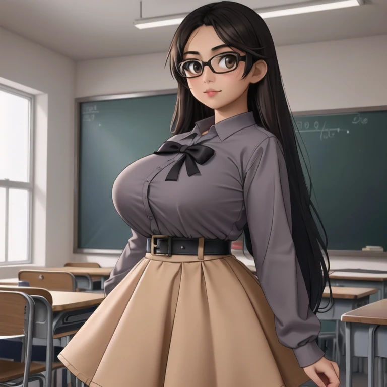 an adorable cute petite short skinny slightly curvy tan skin goth mexican teacher, medium wild volumetric hair, one wearing glas...