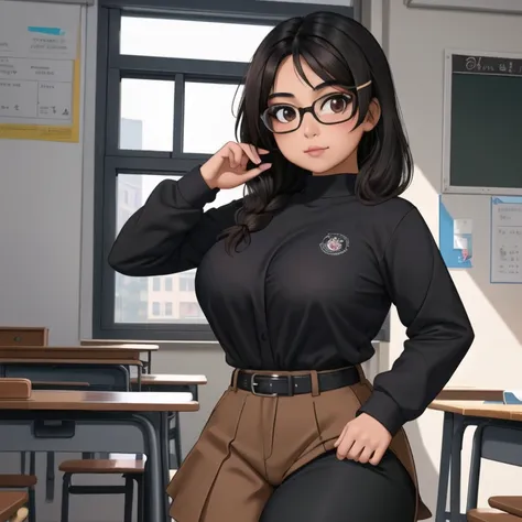 An adorable cute petite short skinny slightly curvy tan skin goth mexican teacher, medium wild volumetric hair, one wearing glasses, beautiful detailed brown eyes, cutely detailed lips, extremely cute detailed eyes and face, busty, voluptuous breasts, wide...