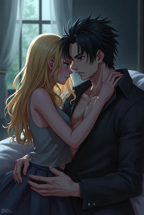 Anime blonde girl she have long hair and cute looks fucking a black hair man have pale white skin, blue eyes, manly looks, (villian vibes) with villian vibes and he have a good body shape and they are in bed in room in very intimate position 