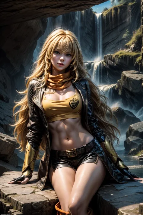 masterpiece,best quality,1girl,yang xiao long, very long blonde hair, ahoge, purple eyes, brown jacket, yellow tube top, black shorts, black fingerless gloves, orange scarf, waist cape, midriff, cleavage, large breasts, prosthetic arm, boots, belt,cowboy s...