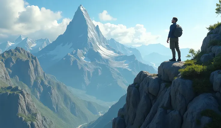 A photo of a man scaling a mountain, standing on a rocky outcrop, looking upwards with a hopeful expression. The sky is clear and the sun is shining. The background contains more mountains, with one with a distinct, sharp peak. The mountains have a rocky t...