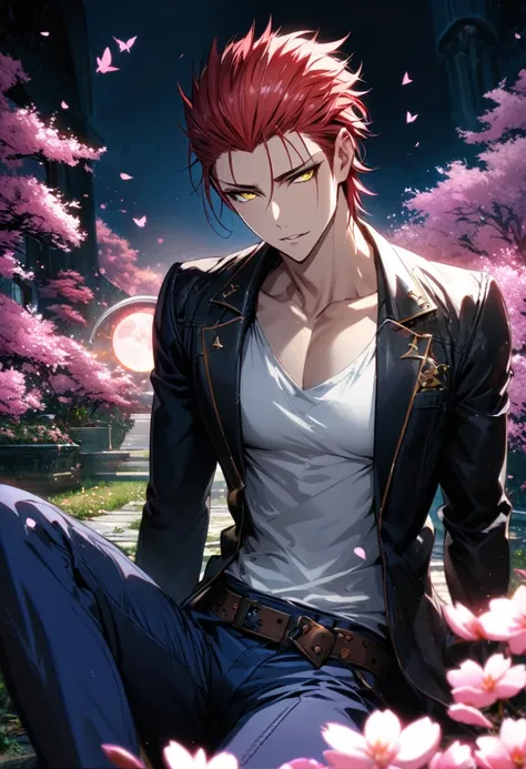 absurdres, highres, ultra detailed, HDR, master piece, best quality, detailed eyes, detailed face, Suoh Mikoto, hair spiked slicked back, ruffled, red hair, expressive yellow eyes, K Project, fantasy, magical, solo, sexy man, adult face, handsome, sensual,...