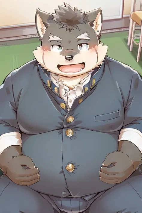 (jiro kishita、moritaka)weight gain、being overweight、（（male））（（黒色のfur））、fur、fluffy、cute、blush（（wearing gakuran））student、school、cl...