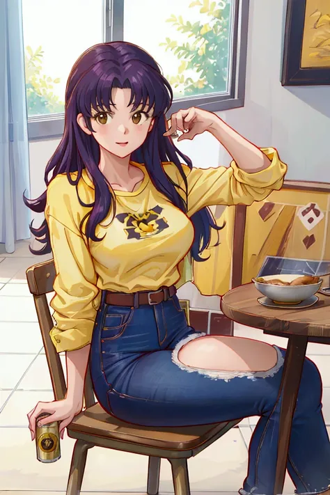 (masterpiece),(The best quality), Misato Katsuragi, brown eyes, collect, yellow t-shirt, jeans, belt, table, chair, session, can, beer can, windows, 