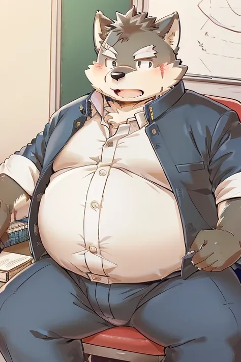 (jiro kishita、moritaka)weight gain、being overweight、（（male））（（黒色のfur））、fur、fluffy、cute、blush（（wearing gakuran、show your belly））s...