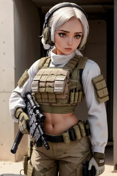 ((a woman in a white outfit holding a rifle and wearing headphones)), 2 woman,  soldier girl, mechanized soldier girl, military girl, beautiful female soldier, female lead character, ry girl, of a sniper girl in war, solo female character, future combat ge...