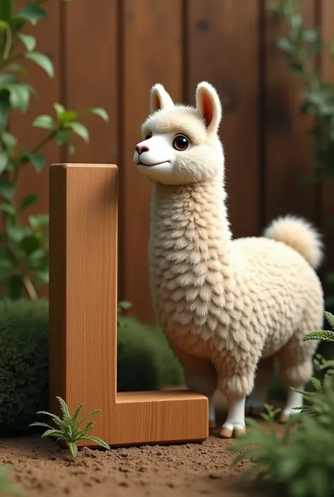 letter L made of wood next to a Llama 