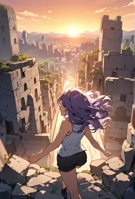 A girl,Solitary, Hello, Purple hair, Very long hair, Wavy hair, Side bangs, Broken hair, Smile, short pants, Sleeveless standing, slightly tilt your head, stone city background, sunset scene, running