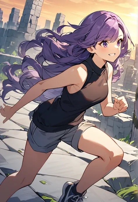 A girl,Solitary, Hello, Purple hair, Very long hair, Wavy hair, Side bangs, Broken hair, Smile, short pants, Sleeveless standing, slightly tilt your head, stone city background, sunset scene, running