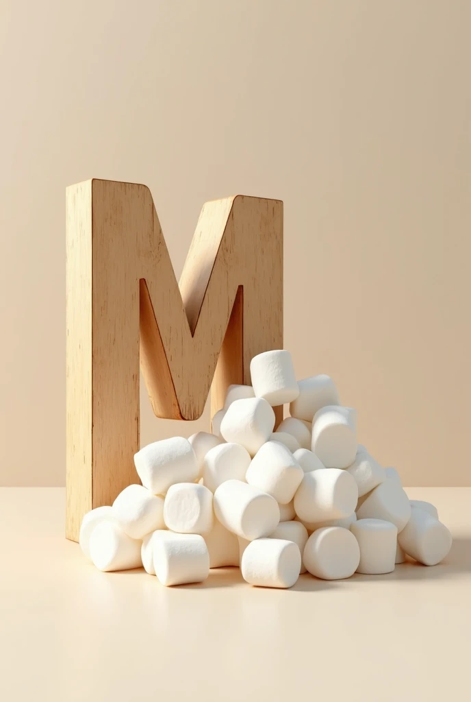 letter M made of wood next to a pile of marshmallows 