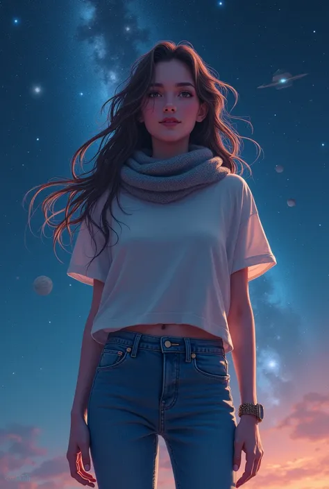 The best quality, High resolution, different image, conceptual art, night sky, stars, officer, girl, smile, Hair, eyes, boca, hands, pies, Clothing, jeans, t-shirt, scarf, has, space, spaceship, spacesuit, astronaut, planet, galaxy, beautiful, beautiful, c...