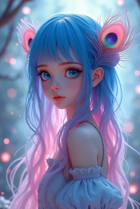 Girl with blue-pink hair and peacock feathers, inspired by Nari Hiko-kun, sociedadcg, 🌺 anime style. 8K, anime style 3D, popular a cgstation, 8K high quality detail art, Guvez style artwork, fantasy art style, Realistic 3D anime style, Anime inspiration, a...