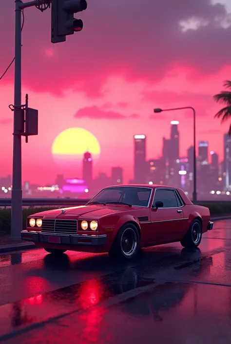 a {white|negro|red|blue|rosa) The car is parked next to the road. :: rosa sunset and city in the background :: 1980 :: Luxury style :: Hyperdetailed : ultra realistic :: cinematic :: neon lighting :: Unreal Engine :: RTX--ar 2:3, (VaZ2113),  