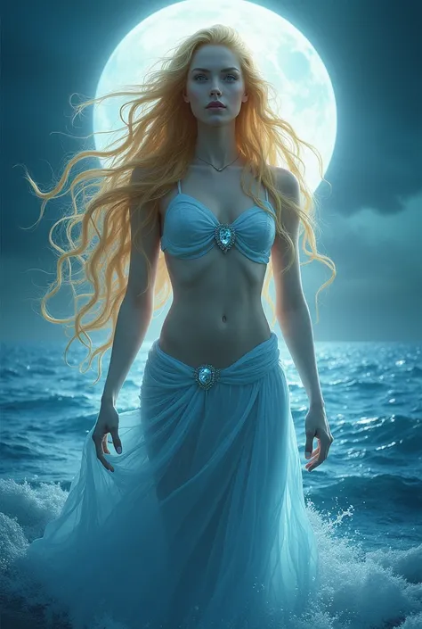 a mythological woman with golden hair, She has eyes as blue as the sea and skin as bright as the moon, she is the goddess of the oceans