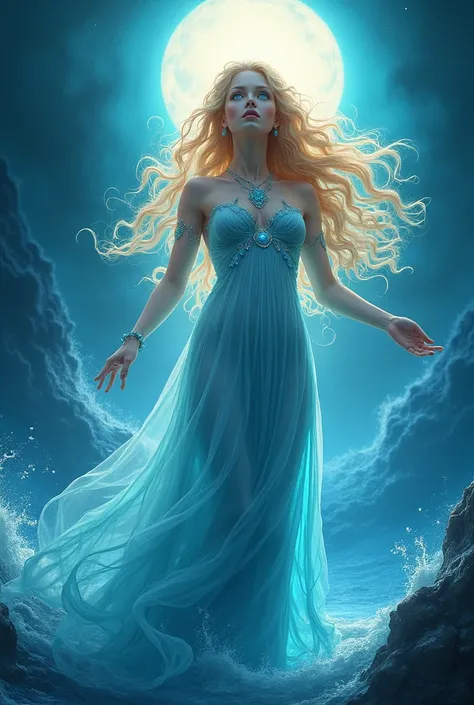 a mythological woman with golden hair, She has eyes as blue as the sea and skin as bright as the moon, she is the goddess of the oceans