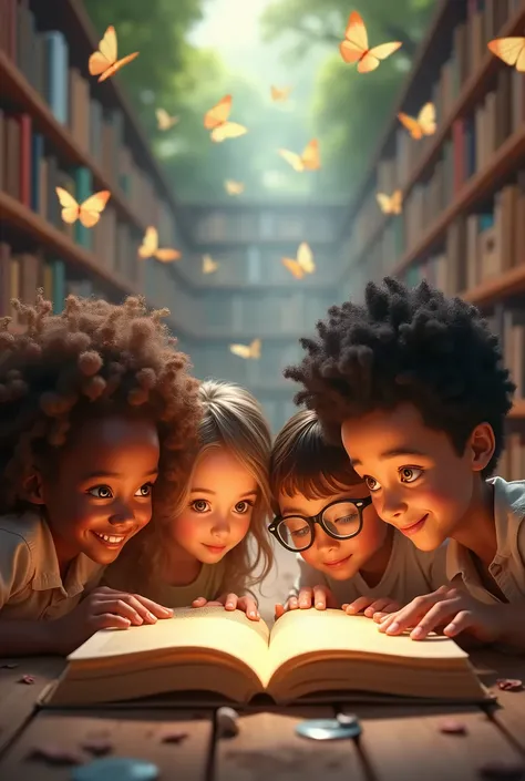 4 children, one black with curly hair ,a white woman with brown curly hair, a white man with spiky brown hair and glasses , a cinnamon-colored brunette with spiky black hair , being sucked into a book lying on the floor of a magical library in the backgrou...