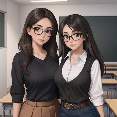 A cute petite short skinny tan skin goth mexican teacher, medium wavy volumetric elegantly styled beautiful brown hair, beautiful detailed cute honey brown eyes, wearing glasses, cutely detailed lips, extremely cute detailed face, busty, voluptuous breasts...