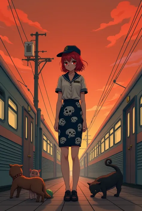 1 girl, Alone, Red hair, red eyes, collections, employee uniform, Pencil skirt, Skull print, Navy cap, orange sky,, exteriors, train station, Standing in front of the bus,, 