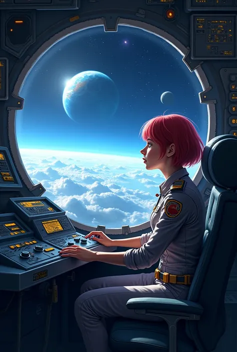 absurd resolution, High resolution, (masterpiece: 1.4), Hyperrealistic, 1 young woman, Short red hair, pilot suit, rich princess, sitting in an extremely narrow and closed mecha control room looking out the window., The window is the space universe where y...