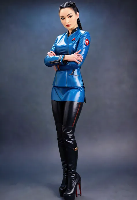 a beautiful (christina chong beautiful face, narrowed eyes. smirk. black braided hair,) , wearing a blue latex uniform from ((st...