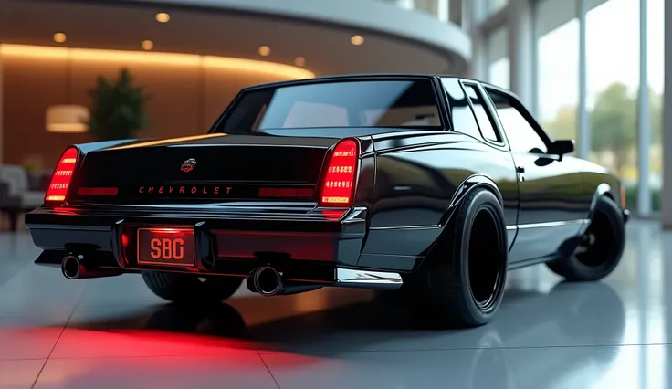 A highly detailed, photorealistic 3D render of a classic black Chevrolet Monte Carlo with a modified wider back end, updated taillights, a prominent red Chevrolet logo on the front, and the Chevrolet Monte Carlo name displayed in a sleek, eye-catching blac...